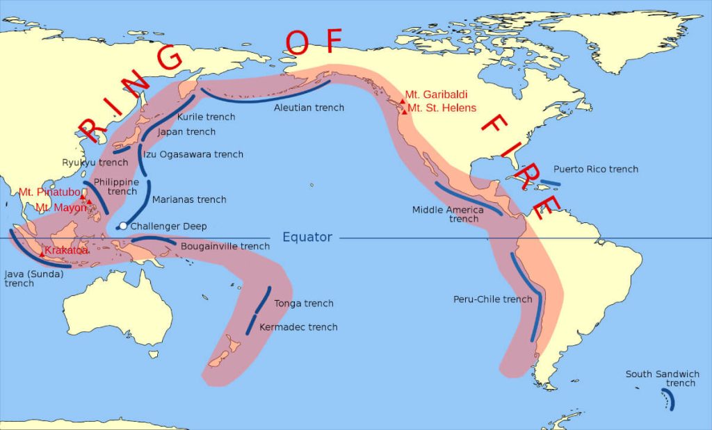 Mapa przedstawiająca Pacyficzny Pierścień Ognia